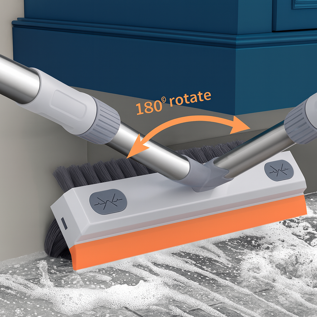 3-in-1 Rotating Bathroom Scrubber Brush with Wiper – Long Handle Tile Cleaner