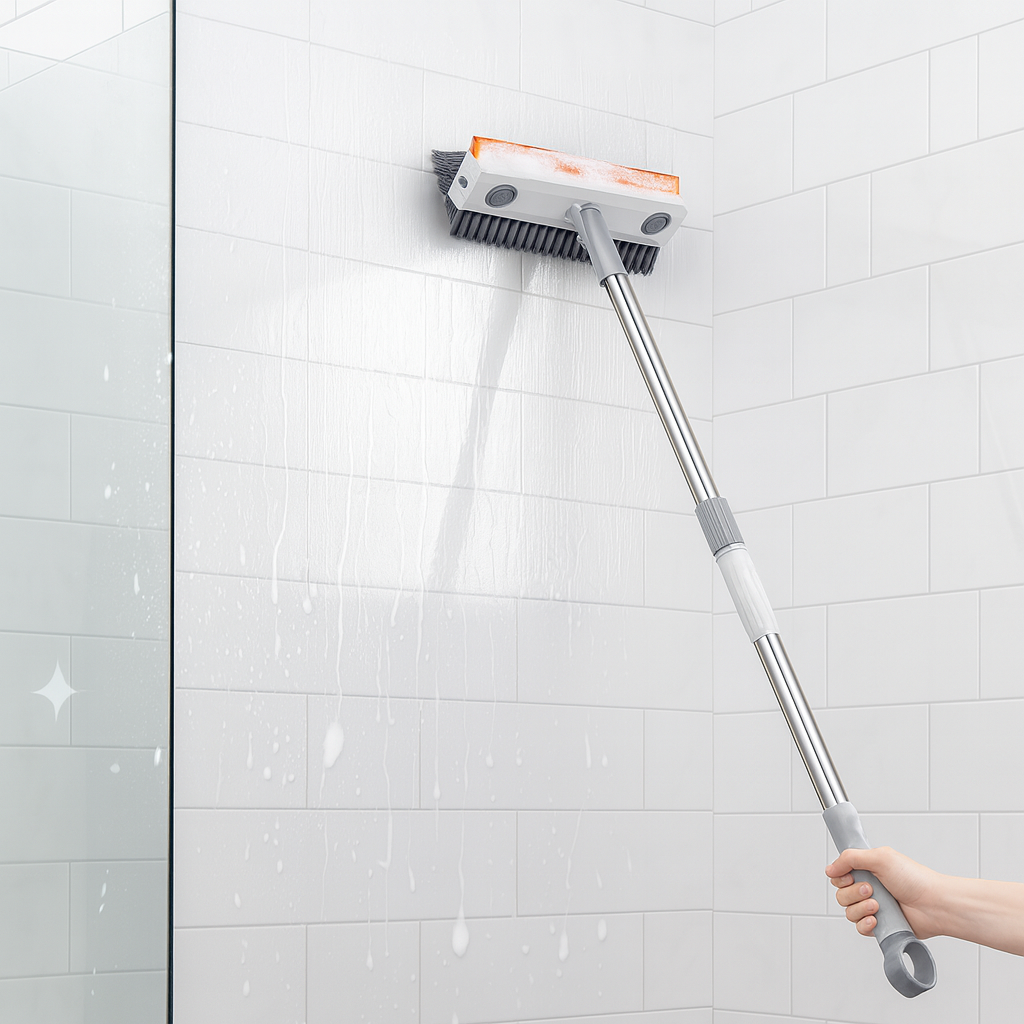 3-in-1 Rotating Bathroom Scrubber Brush with Wiper – Long Handle Tile Cleaner